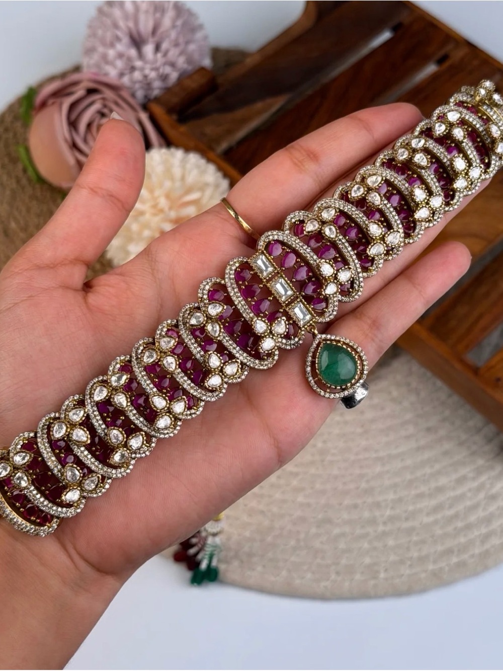 Elegant Ruby and Emerald Statement necklace set